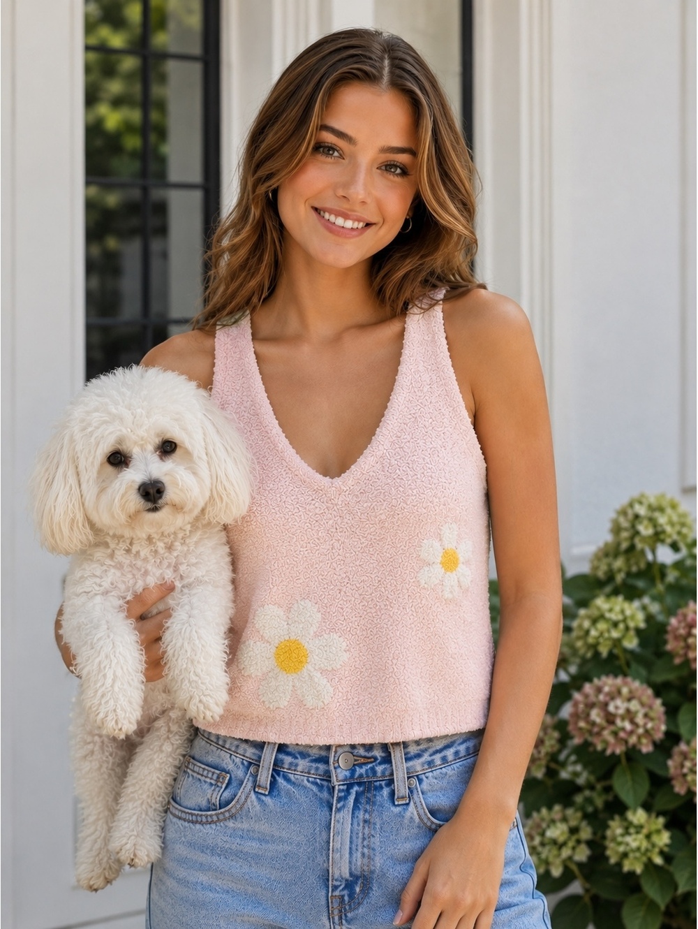 1021 UGG Medium Dulcie Knit Cozy Tank Top Light Pink with Daisy Flowers A0001021